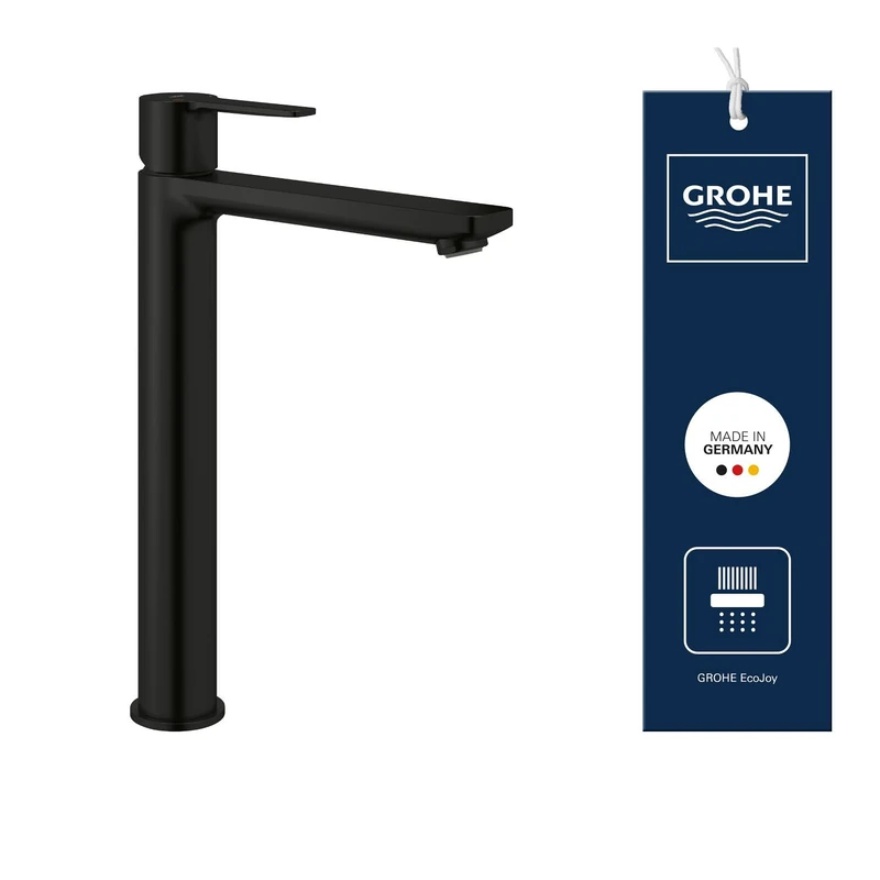 GROHE Lineare Smooth Body Basin Mixer Tap for Free-Standing Basins (XL-Size 313 mm, Water Saving, 28 mm Ceramic Cartridge, 3/8 Inch Tails, Min. Pressure 1.0 Bar), Matt Black, 234052431
