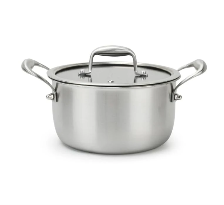 H&H Evolution 20cm Casserole Dish with Glass Lid - Stainless Steel and Aluminium, Non-Stick Honeycomb Coating, 2 Ergonomic Handles, Induction Base, Suitable for All Hobs