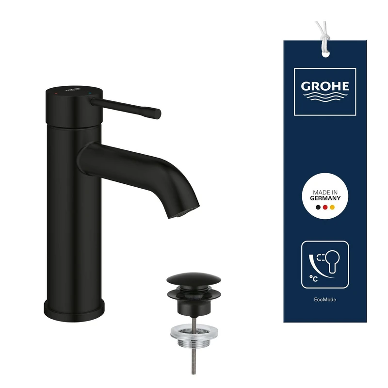 GROHE Essence Single-Lever Basin Mixer Tap with Push-Open Pop-Up Waste Set (S-Size 208mm, Metal Lever, 28 mm Ceramic Cartridge, Water- and Energy-Saving, 3/8 Inch Tails), Matt Black, 237972431 - Image 1
