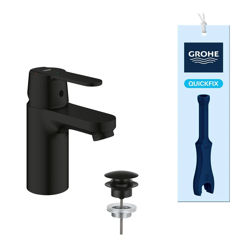 GROHE Get Single-Lever Basin Mixer Tap with Push-Open Pop-Up Waste Set (S-Size, Water and Energy Saving, 35 mm Ceramic Cartridge, Metal Lever, 3/8 Inch Tails, Easy to Install), Matt Black, 235862430