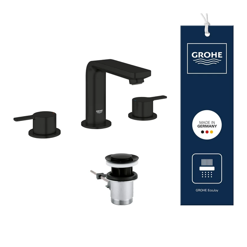 GROHE Lineare 3 Hole Basin Mixer Tap with Pop-Up Waste (Deck Mounted, M-Size 120 mm, Two Handle Mixer, Water Saving), Matt Black, 203042431