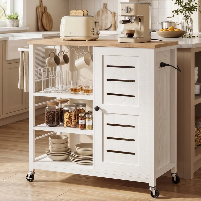 IRONCK Kitchen Island on Wheels with Power Outlets, Rolling Kitchen Trolley with Storage Cabinet & Open Shelves, Wooden Utility Cart with Towel Rack & Hooks for Small Spaces, White & Oak - Image 1
