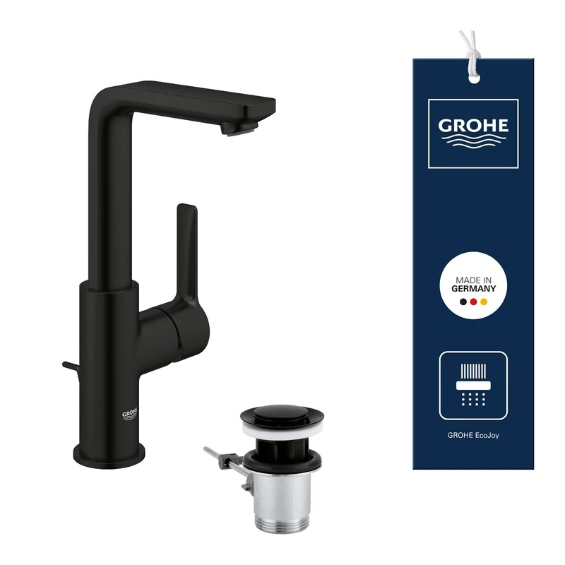 GROHE Lineare Single-Lever Basin Mixer Tap with Pop-Up Waste (L-Size 252mm, High Swivel Spout, 28mm Ceramic Cartridge, Water Saving Mousseur 5 l/min, Tails 3/8 Inch), Matt Black, 232962431