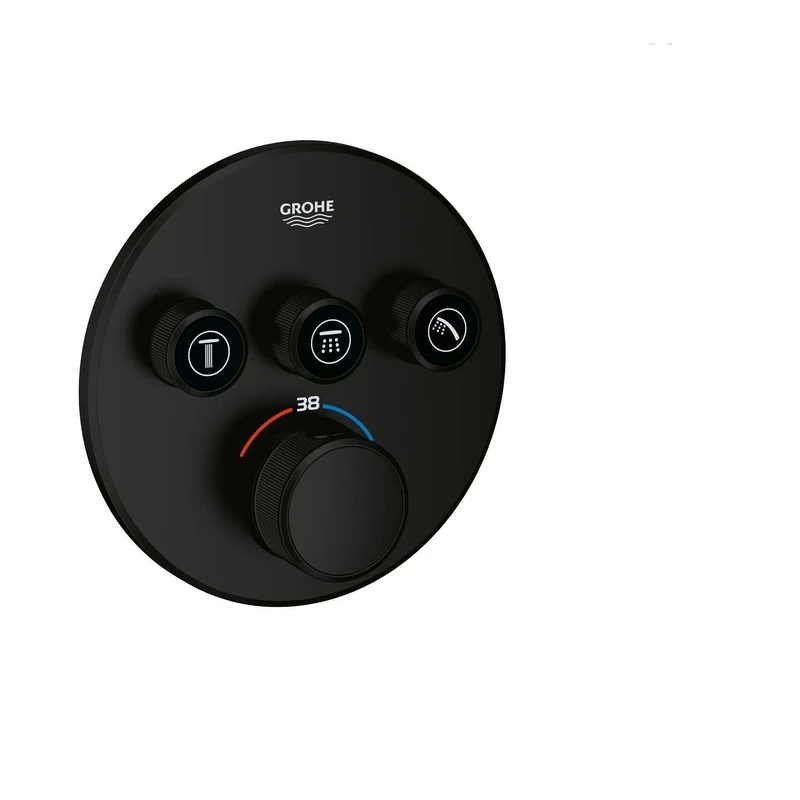 GROHE Grohtherm SmartControl Concealed Thermostat with 3 Valves for Shower or Bath (Push/Turn Button Control, Safety Button at 38°C, Without Rough-in Box), Round Trim Shape, Matt Black, 291212430