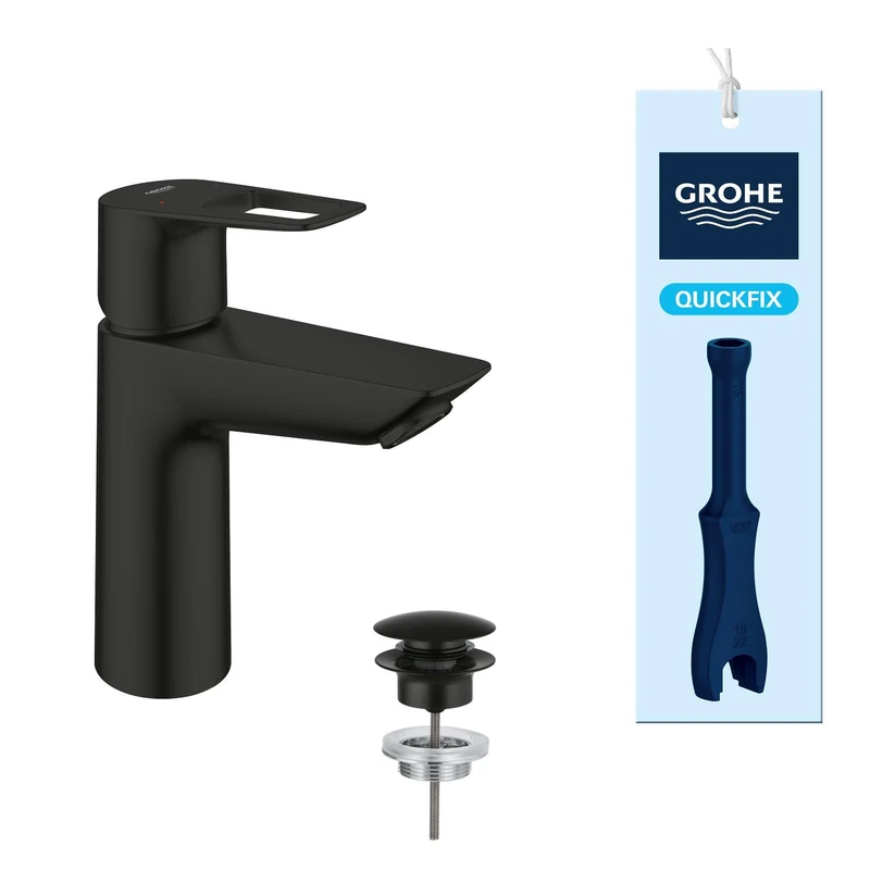 GROHE Start Loop Single Lever Basin Mixer Tap with Push-Open Waste Set (M-Size 164 mm, Water Saving, 28 mm Ceramic Cartridge, 3/8 Inch Tails, Easy to Fit with QuickTool), Matt Black, 237792431