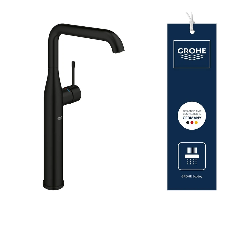 GROHE Essence Smooth Body Basin Mixer Tap (XL-Size 364mm, 360° Swivel Range, 28 mm Ceramic Cartridge, 3/8 Inch Tails, for Free-Standing Washbasins), Matt Black, 329012431
