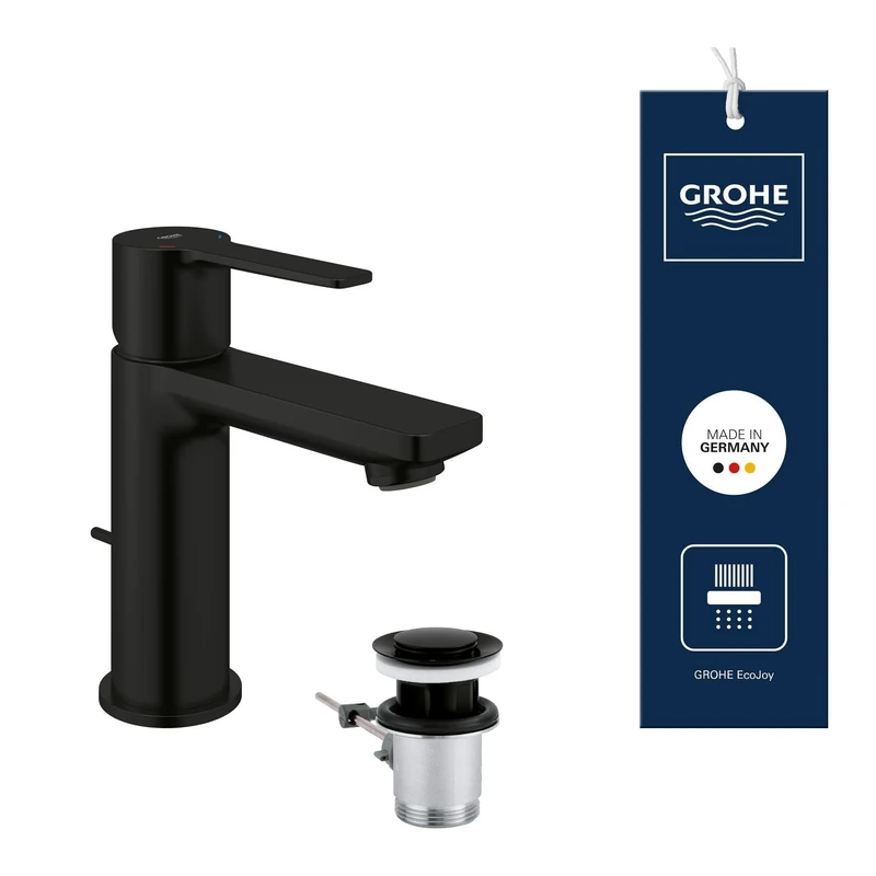 GROHE Lineare Single Lever Basin Mixer Tap with Pop-Up Waste Set (Deck Mounted, XS-Size 155 mm, 28 mm Ceramic Cartridge, 3/8 Inch Tails), Matt Black, 321092431