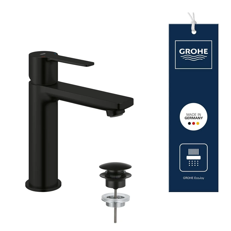 GROHE Lineare – Smooth Body Basin Mixer Tap with Push-Open Pop-Up Waste (High Spout, Metal Lever, 28 mm Ceramic Cartridge, Water Saving Tech, Tails 3/8 Inch), Size 18 cm, Matt Black, 231062431