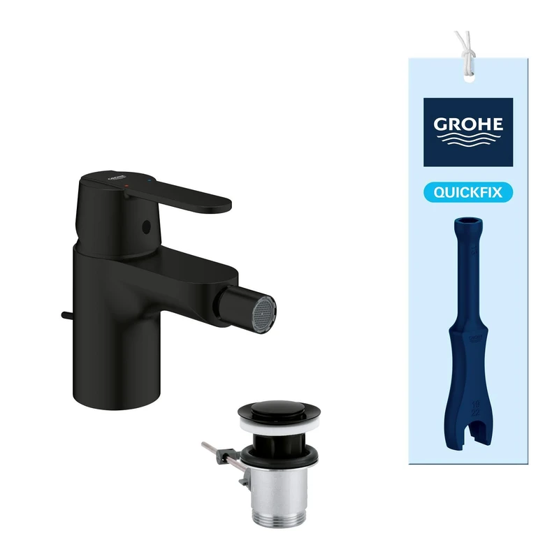 GROHE Get Bidet Mixer Tap with Pop-Up Waste Set (Deck Mounted, S-Size 123 mm, Water Saving, 35 mm Ceramic Cartridge, 3/8 Inch Tails, Easy to Fit with Included QuickTool), Matt Black, 328852430 - Image 1
