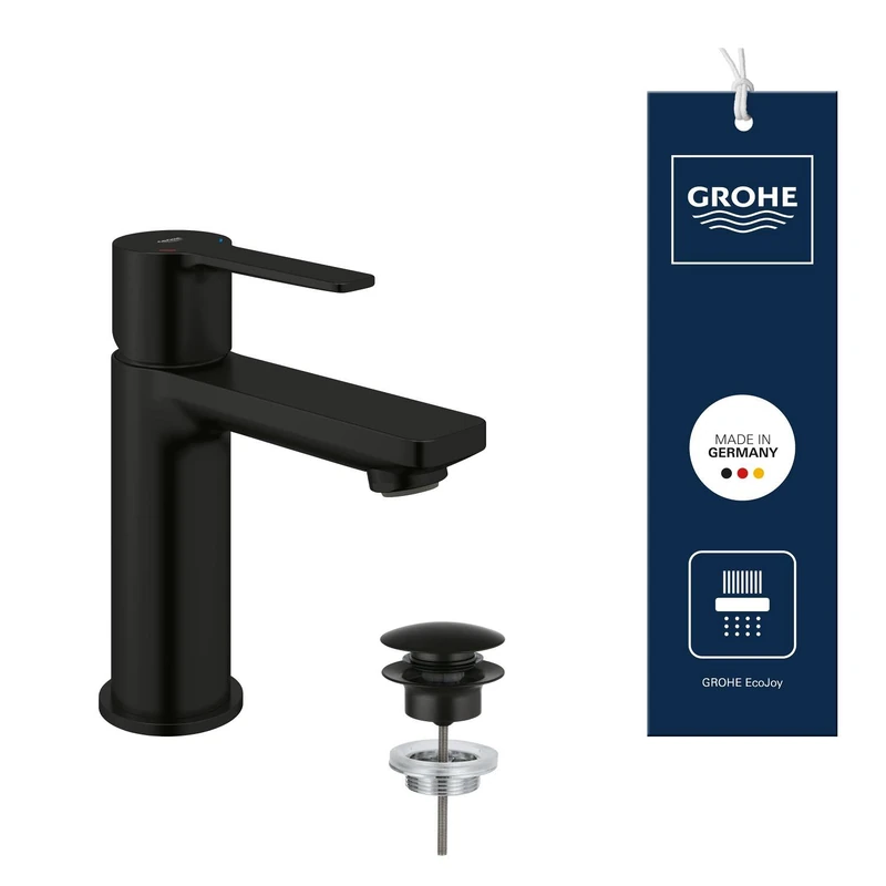 GROHE Lineare Smooth Body Basin Mixer Tap with Push-Open Waste Set (Deck Mounted, XS-Size 155 mm, 28 mm Ceramic Cartridge, Water Saving, 3/8 Inch Tails), Matt Black, 237912431 - Image 1