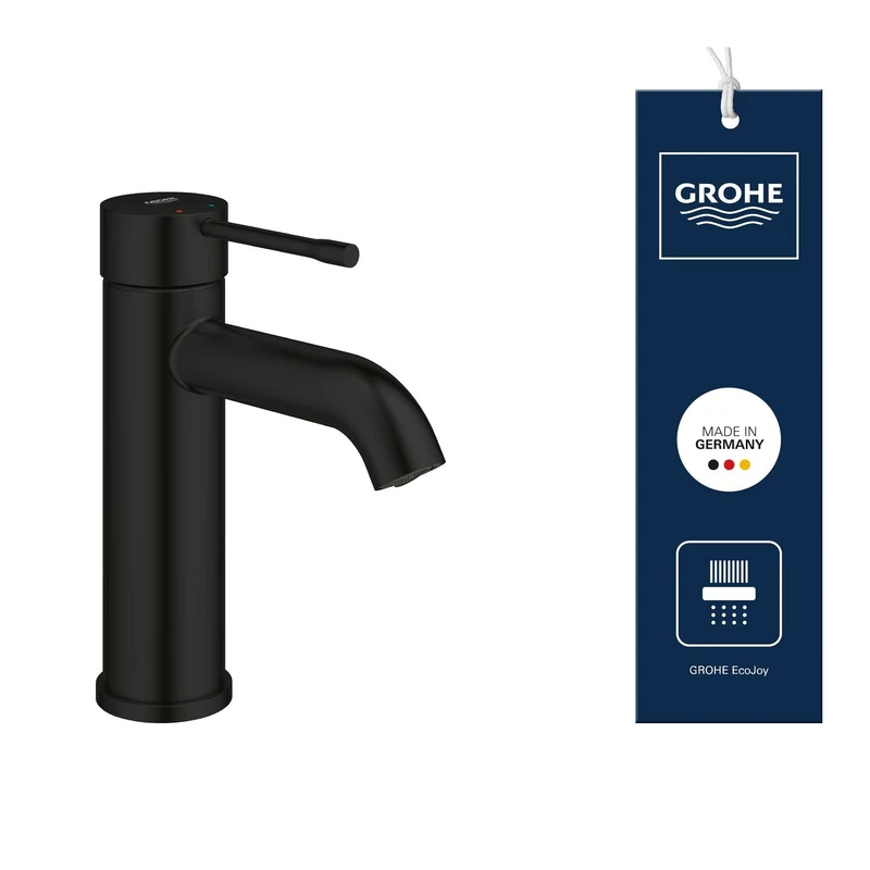 GROHE Essence Smooth Body Basin Mixer Tap (S-Size 208mm, Metal Lever, 28 mm Ceramic Cartridge, Water Saving, 3/8 Inch Tails), Matt Black, 235902431 - Image 1