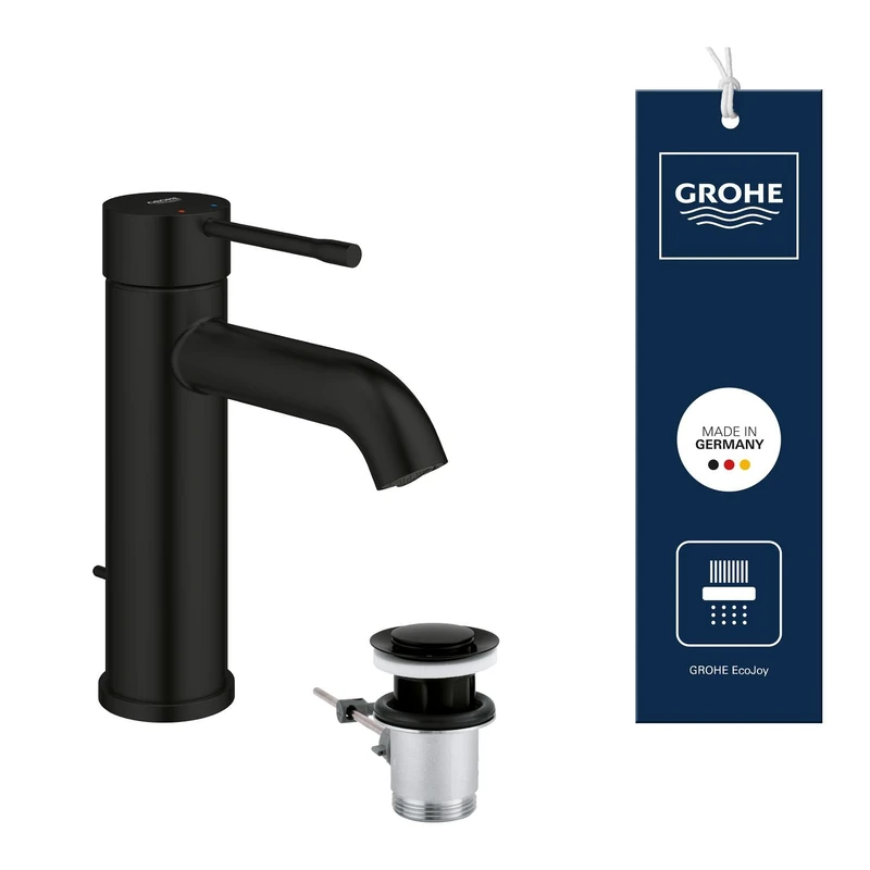GROHE Essence Basin Mixer Tap with Pop-Up Waste Set (S-Size 208 mm, Metal Lever, 28 mm Ceramic Cartridge, Water Saving, 3/8 Inch Tails), Matt Black, 235892431