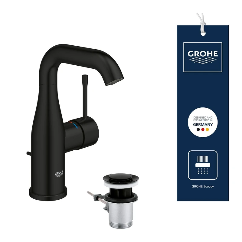 GROHE Essence Basin Tap with Pop-Up Waste Set (M-Size 193mm, Curved Swivel Spout, 28 mm Ceramic Cartridge, Water Saving, 3/8 Inch Tails, Min. Pressure 1 Bar), Matt Black, 234622431