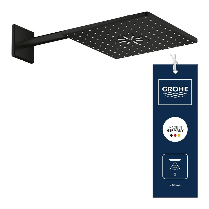 GROHE Rainshower 310 SmartActive Cube Head Shower Set with 2 Spray Options (Wall Mounted Showerhead 310mm with 400mm Shower Arm, Requires Rough-in), Square Shape, Matt Black, 264792430