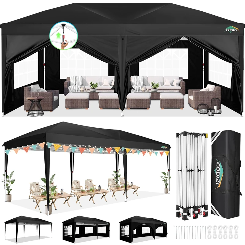 COBIZI Folding Gazebo with 6 Side Walls, Waterproof, Stable, Winterproof, Outdoor Foldable Tent Gazebo, Pop Up Gazebo, UPF 50+ UV Protection, Marquee with Carry Bag for Garden Party, Black