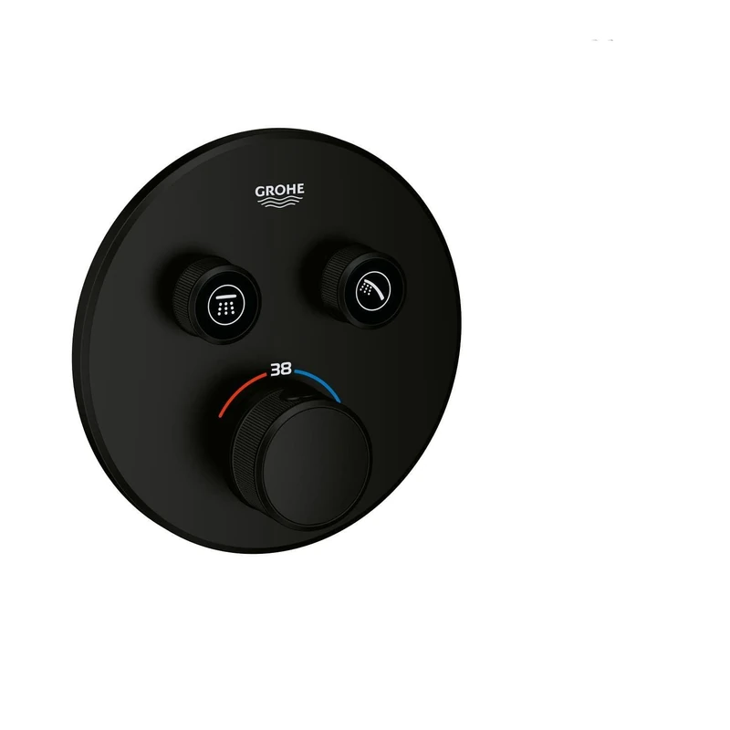 GROHE Grohtherm SmartControl Concealed Thermostat with 2 Valves for Shower or Bath (Push/Turn Button Control, Safety Button at 38°C, Without Rough-in Box), Round Trim Shape, Matt Black, 291192430
