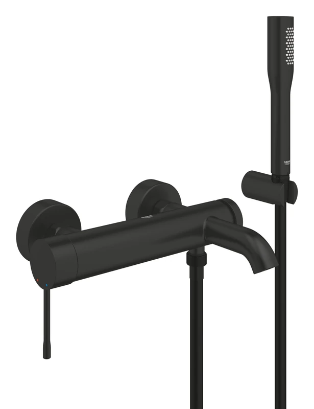 GROHE Essence Wall-Mounted Bath Tap with Shower Set (35 mm Ceramic Cartridge, Automatic Diverter: Bath, Stick Hand 1 Spray, Hose 1.5 m, Wall Holder), Matt Black, 336282431