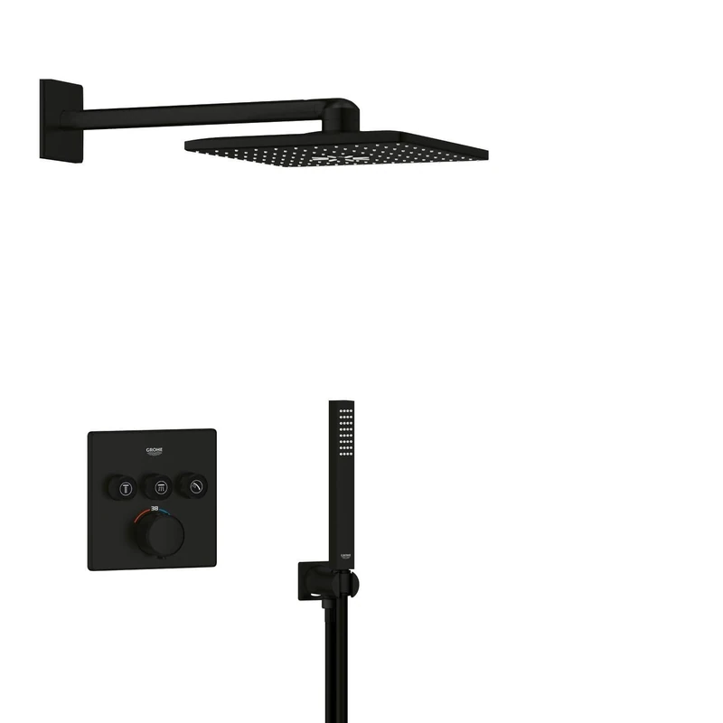 GROHE Precision SmartControl - Concealed Shower System with 3 Valves Thermostat (SmartActive 31cm Head Shower 2 Sprays, Cube Stick Hand Shower 1 Spray, Hose 1.5m, Square Trim), Matt Black, 348752430