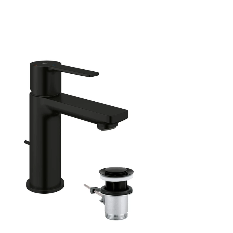 GROHE Lineare Basin Mixer Tap with Pop-Up Waste Set (XS-Size 155 mm, Energy & Water Saving, 28 mm Ceramic Cartridge, Lever Middle Position Cold, 3/8 Inch Tails), Matt Black, 237902431 - Image 1