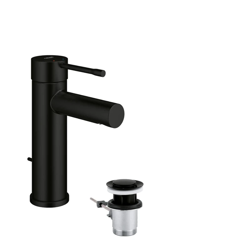GROHE Essence Basin Mixer Tap with Pop-Up Waste Set (S-Size 208 mm, Metal Lever, 28 mm Ceramic Cartridge, Water Saving, 3/8 Inch Tails), Matt Black, 328982431