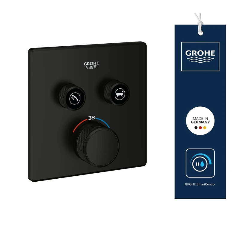 GROHE Grohtherm SmartControl - Concealed Square Thermostat for Shower or Bath (2 Valves, Push for ON-Off, Turn for Volume Adjustment, Safety Button at 38°C, Trim Only), Matt Black, 291242430