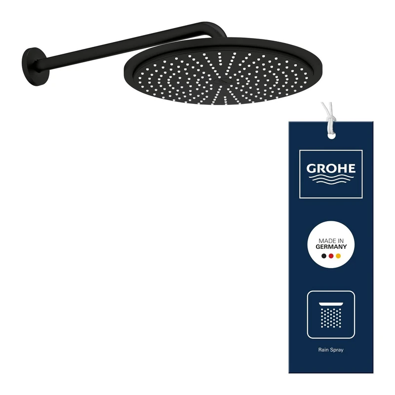 GROHE Rainshower Cosmopolitan 310 Head Shower Set with Rain Spray and DripStop (Water Saving, Wall Mounted Shower Head 310mm with Arm 380mm, Rain Spray Pattern), Round Shape, Phantom Black, 26066KF0