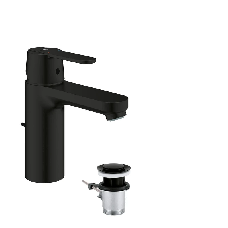GROHE Get – Wash Basin Mixer Tap with Pop-Up Waste Set (Metal Lever, 35 mm Ceramic Cartridge, Water Saving Mousseur 5.7 l/min, Tails 3/8 Inch), M-Size 159 mm, with QuickTool, Matt Black, 234542430 - Image 1