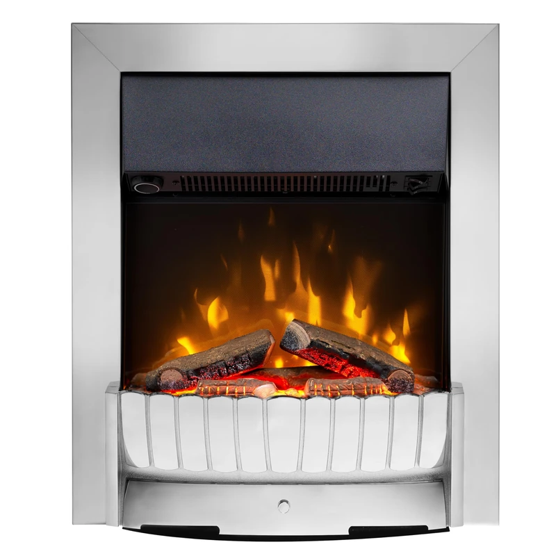 Dimplex Clement Optiflame Inset or Freestanding Electric Fire, Chrome LED Flame Effect Fireplace With Logs, 9cm Inset (Recess) Depth, Spacer Kit And 2kW Fan Heater and 1000/2000 Watt Settings