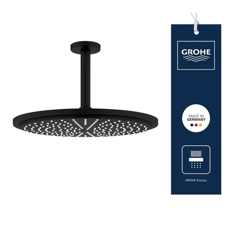 GROHE Rainshower Cosmopolitan 310 Head Shower Set (Ceiling Shower Arm 142 mm, Showerhead 310 mm Rain Spray Pattern, Water Saving 9.5 l/min, Anti-Limescale System), Round Shape, Phantom Black, 26067KF0