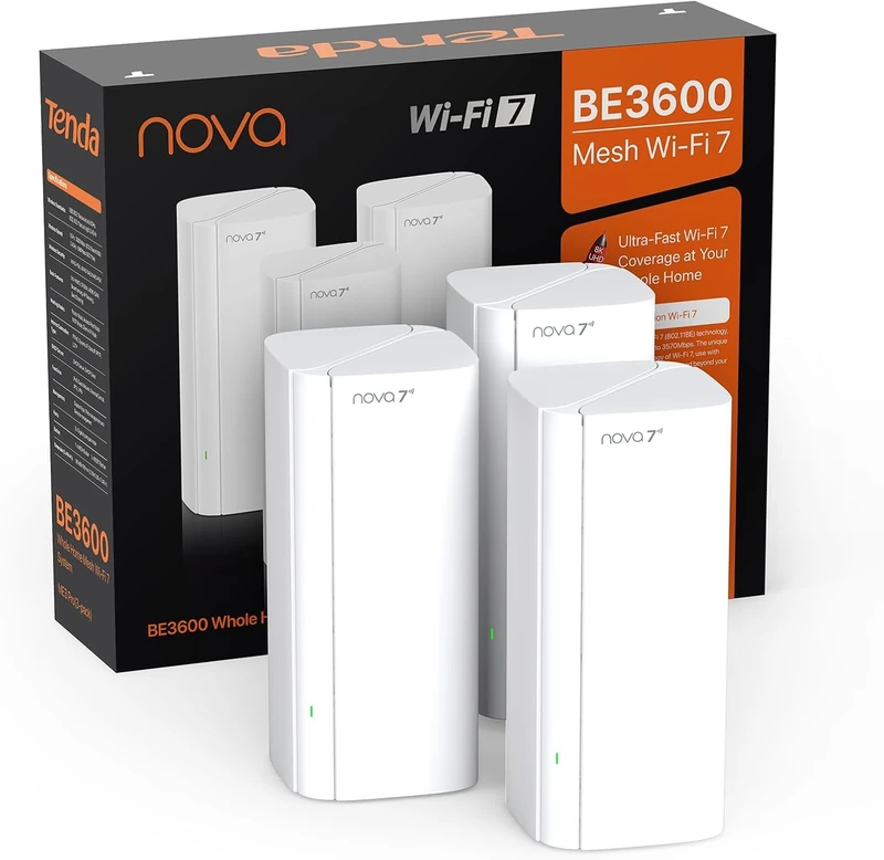 Tenda Nova ME3 Pro (3-Pack) - BE3600 WiFi 7 Mesh System (3.6Gbps Dual Band), 3 Gigabit Ports, Whole Home Coverage, Ideal for 4K Streaming and Gaming, MLO, WPA3, Continuous Roaming