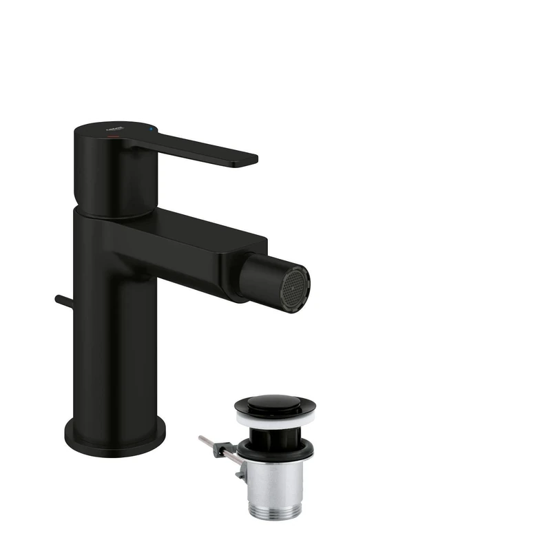 GROHE Lineare Bidet Mixer Tap with Pop-Up Waste Set (Deck Mounted, S-Size 145mm, Water Saving, Ball-Joint Mousseur, 28 mm Ceramic Cartridge, 3/8 Inch Tails), Matt Black, 338482431 - Image 1