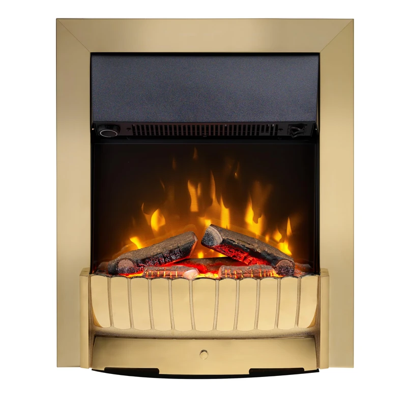 Dimplex Clement Optiflame Inset or Freestanding Electric Fire, Brass LED Flame Effect Fireplace With Logs, 9cm Inset (Recess) Depth, Spacer Kit And 2kW Fan Heater and 1000/2000 Watt Settings