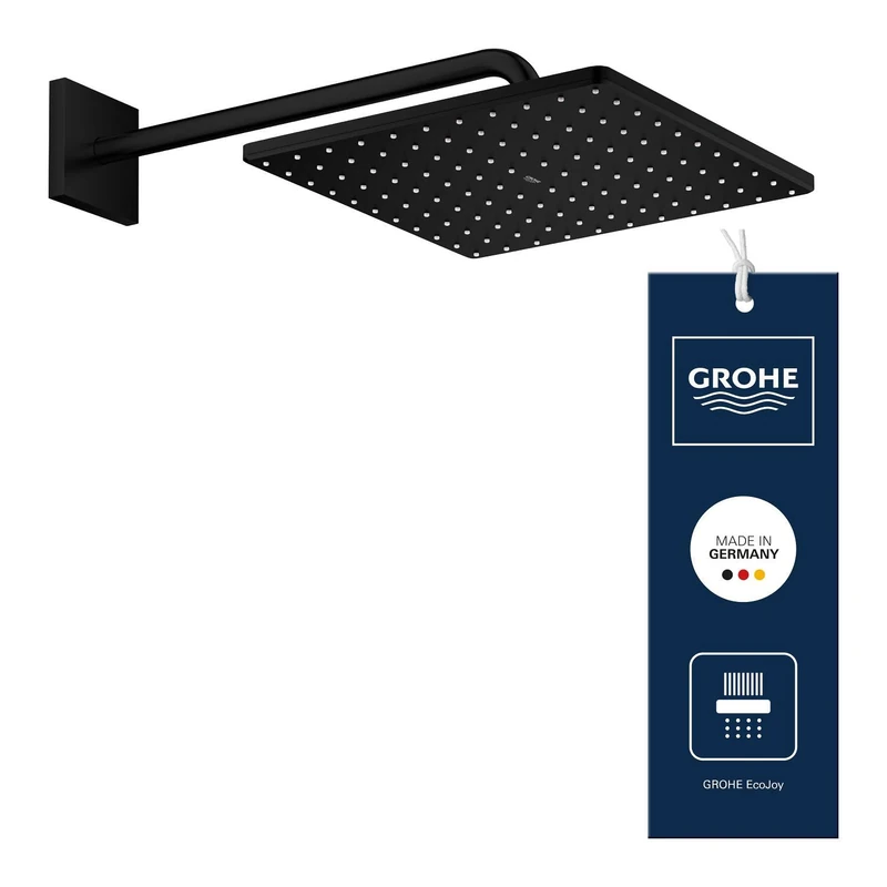 GROHE Rainshower 310 Mono Cube Head Shower Set (Wall Mounted, Water Saving Showerhead 310mm with 422mm Shower Arm, PureRain Spray Pattern), Square Shape, Matt Black, 265642430