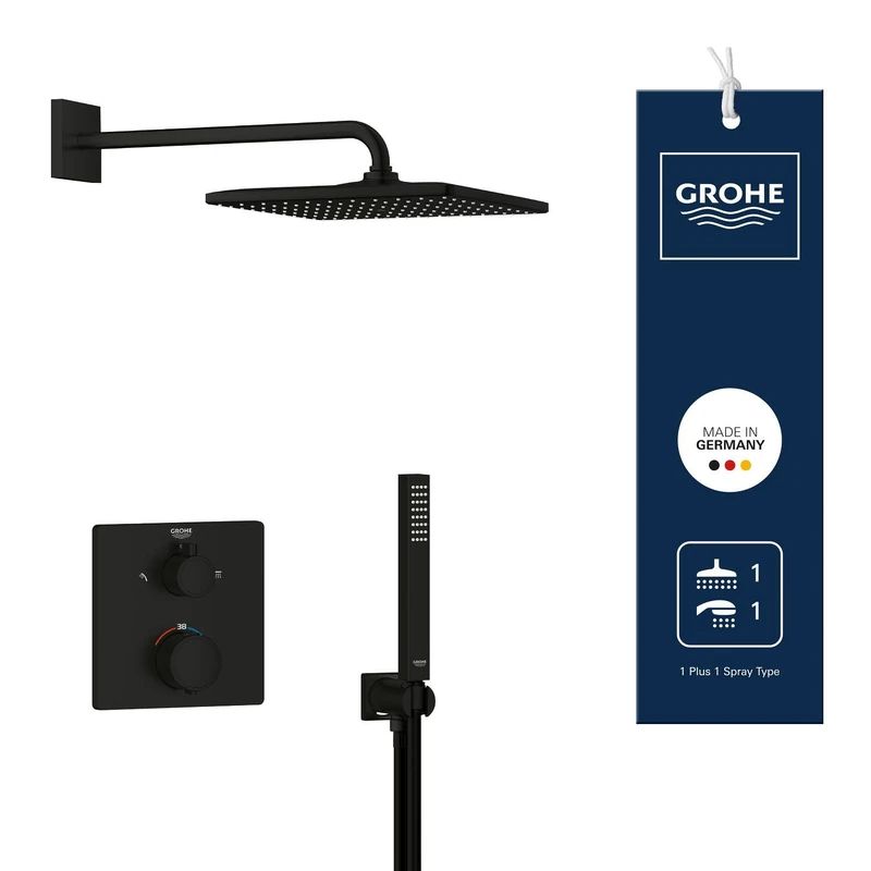 GROHE Precision Cube - Concealed Shower System with 2 Outlets Thermostat (31 cm Cube Head Shower Mono Rain Spray, Cube Stick Hand Shower 1 Spray, Shower Hose 1.5 m, Square Trim, Matt Black, 348812430