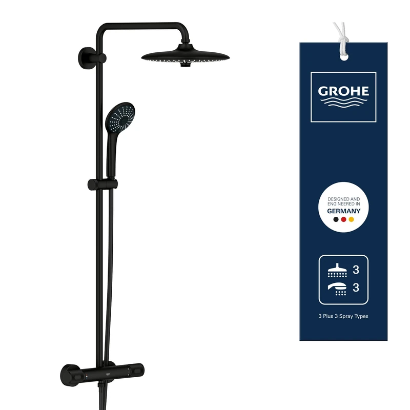 GROHE Vitalio Joy 260 - Shower System with Thermostat and Tray (Water Saving, 3-Spray Head Shower 26cm with Ball Joint Rotation Angle, 3-Spray Hand Shower 11cm, Hose 1.75 m), Matt Black, 264032432