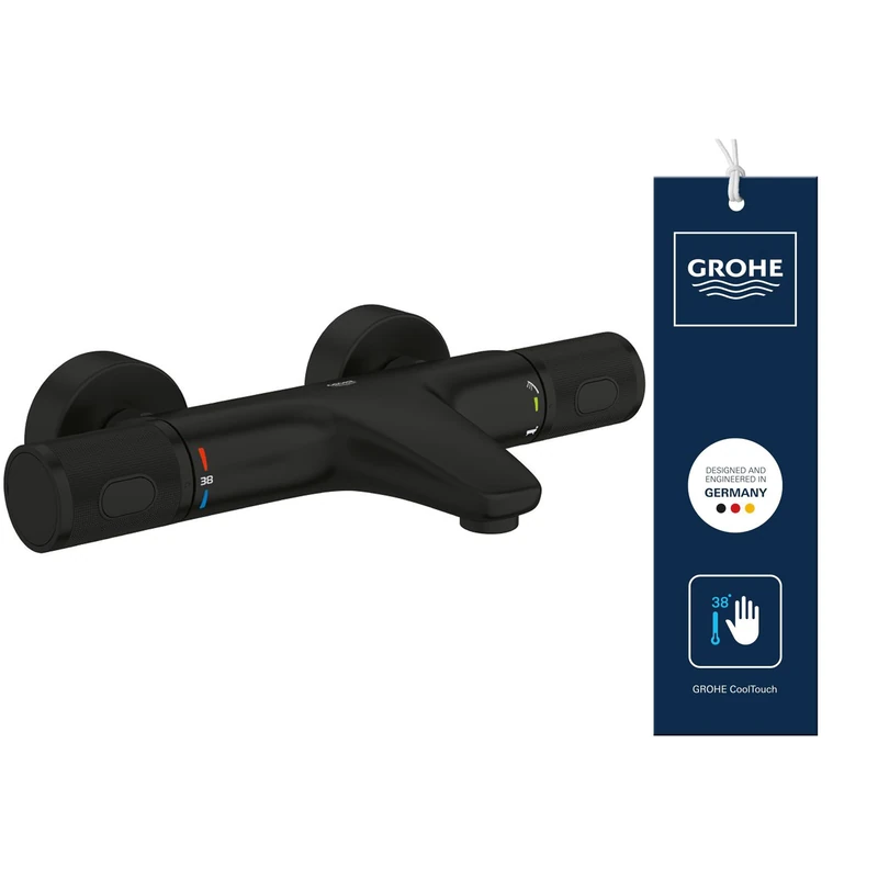 GROHE Precision Feel – Wall Mounted Exposed Thermostatic Cooltouch Bath Mixer (Diverter Bath/Shower, Knurl Grip, Safety Button at 38°C, EcoButton, Metal Escutcheon), Matt Black, 347882430 - Image 1