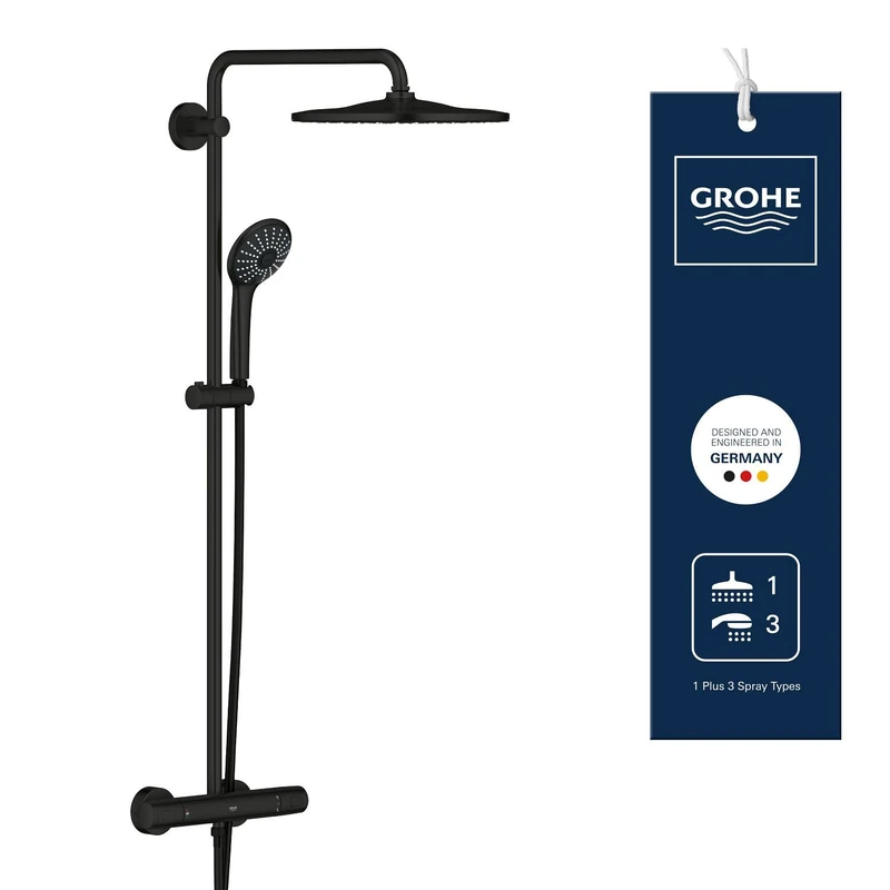 GROHE Vitalio Joy XXL 310 – Wall Mounted Cool Touch Thermostatic Mixer (31 cm Head Shower, Swivel Arm, 11 cm 3 Spray Hand Shower with Easy Clean Nozzles, Water Saving), Matt Black, 264002431