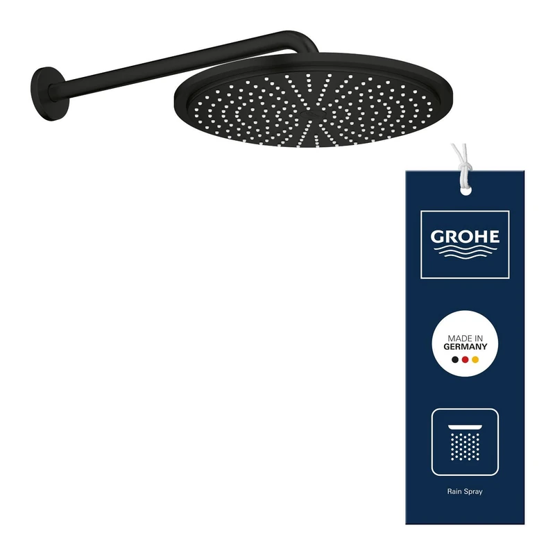 GROHE Rainshower Cosmopolitan 310 Head Shower Set with Rain Spray and DripStop (Water Saving, Wall Mounted Shower Head 310mm with Arm 380mm, Rain Spray Pattern), Round Shape, Matt Black, 260662430