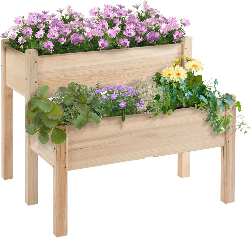 Large Wooden Raised Garden Bed with 2 Levels, Standing Raised Bed with 8 Drainage Holes, Durable and Ergonomic, Square Vegetable Garden/Raised Box for Garden, Terrace, Balcony (86 x 73 x 86 cm) - Image 1