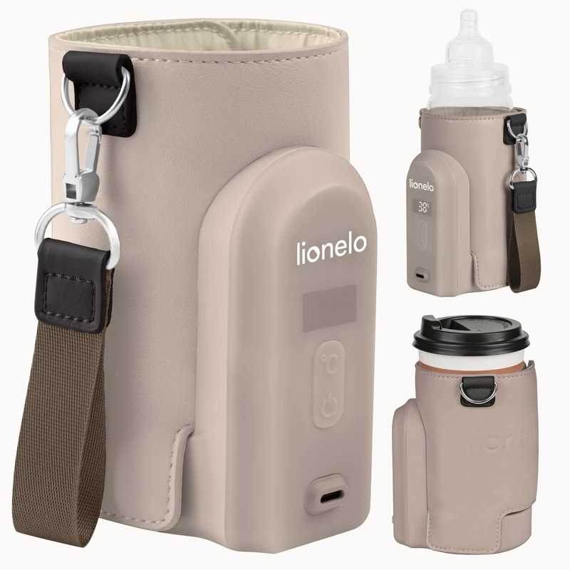 Lionelo Thermup Go Evo Advanced Portable Bottle Warmer with USB-C 9hr Battery LCD Display 5 Temperature Settings 38-50°C Fits 50-80mm Bottles, Car Charger Compatible, Safety Control (BEIGE TAUPE, EVO)