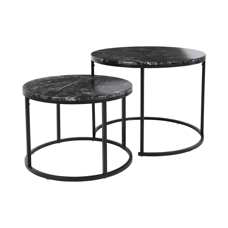Well Home Set of 2 Auxiliary Tables Ø50Ø60cm in Metal and MDF Board with Elegant Marble Finish - Black - Image 1