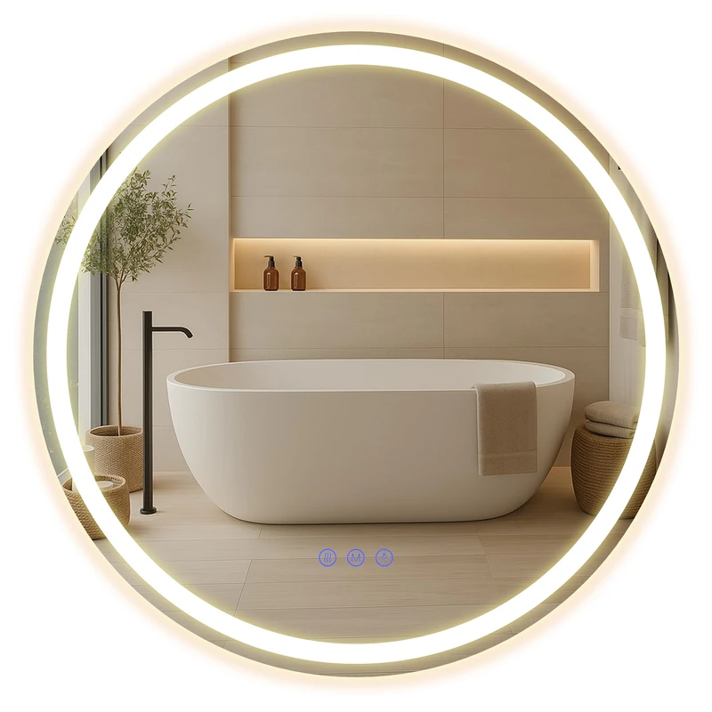 SONGMICS Bathroom Wall Mirror with Lighting, Round Mirror, Anti-Fog Function, Adjustable Colour Temperature and Brightness, for Vanity Bedroom Bathroom, 61 cm, Matte White LWM211WC03