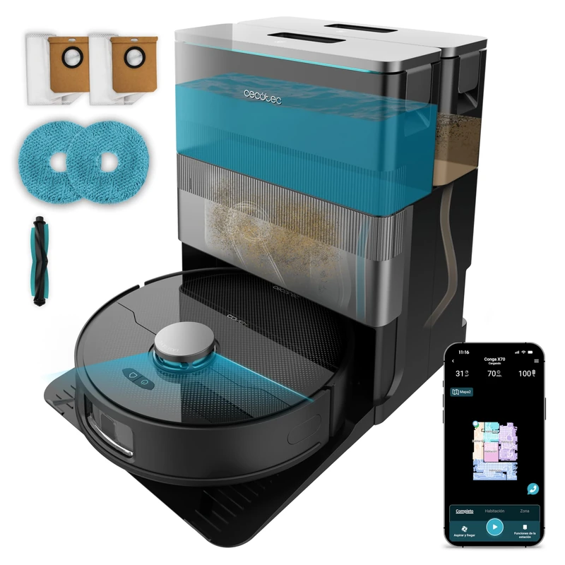 Cecotec Conga X70 Neo Robot Vacuum Cleaner, Laser Navigation, 20,000 Pa, All-in Home Station, SpinXtend Edge Wiping, Liftable Mops, App, V Brush for Hair Tangle, 5200mAh Battery