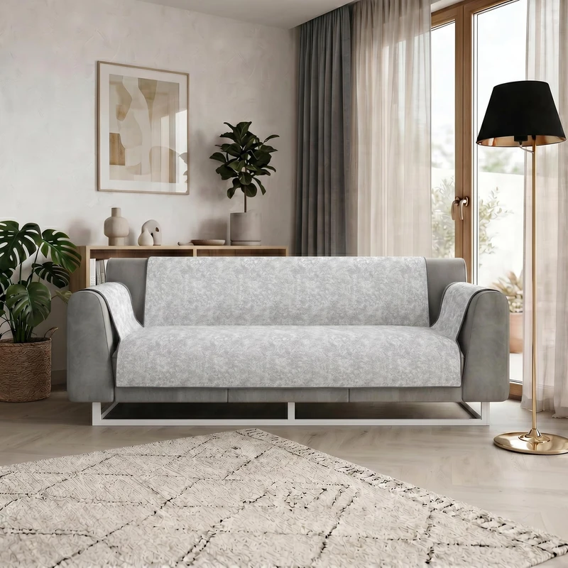 GLAMOUR Non-Slip Sofa Cover Made in Italy – 4 Seater Sofa Cover with Armrests, Seat 230 cm, Sofa Cover with Non-Slip Rubber Base, Handmade Solid Colour Sofa Protector – Light Grey