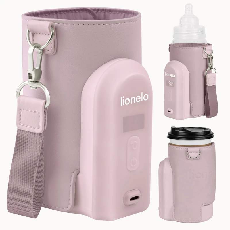 Lionelo Thermup Go Evo Advanced Portable Bottle Warmer with USB-C 9hr Battery LCD Display 5 Temperature Settings 38-50°C Fits 50-80mm Bottles, Car Charger Compatible, Safety Control (Pink Mist, EVO)
