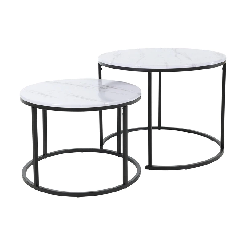 Well Home Set of 2 Auxiliary Tables Ø50Ø60cm in Metal and MDF Board with Elegant Marble Finish - White - Image 1