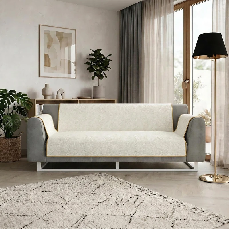 GLAMOUR Non-Slip Sofa Cover Made in Italy – 4 Seater Sofa Cover with Armrests, Seat 230 cm, Sofa Cover with Non-Slip Rubber Back, Handmade Solid Colour Sofa Protector – Cream