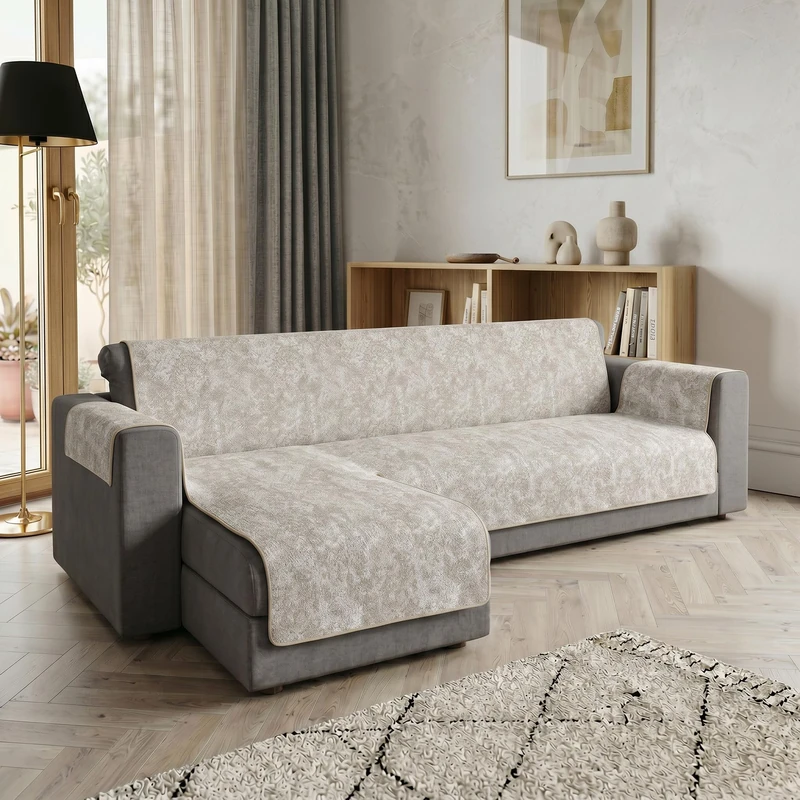 Glamour Left Peninsula Sofa Cover Made in Italy - Sofa Cover with Non-Slip Rubber Bottom and Armrests, Seat 290 cm, Handmade Sofa Protector Washable in Plain Colour - Beige - Image 1