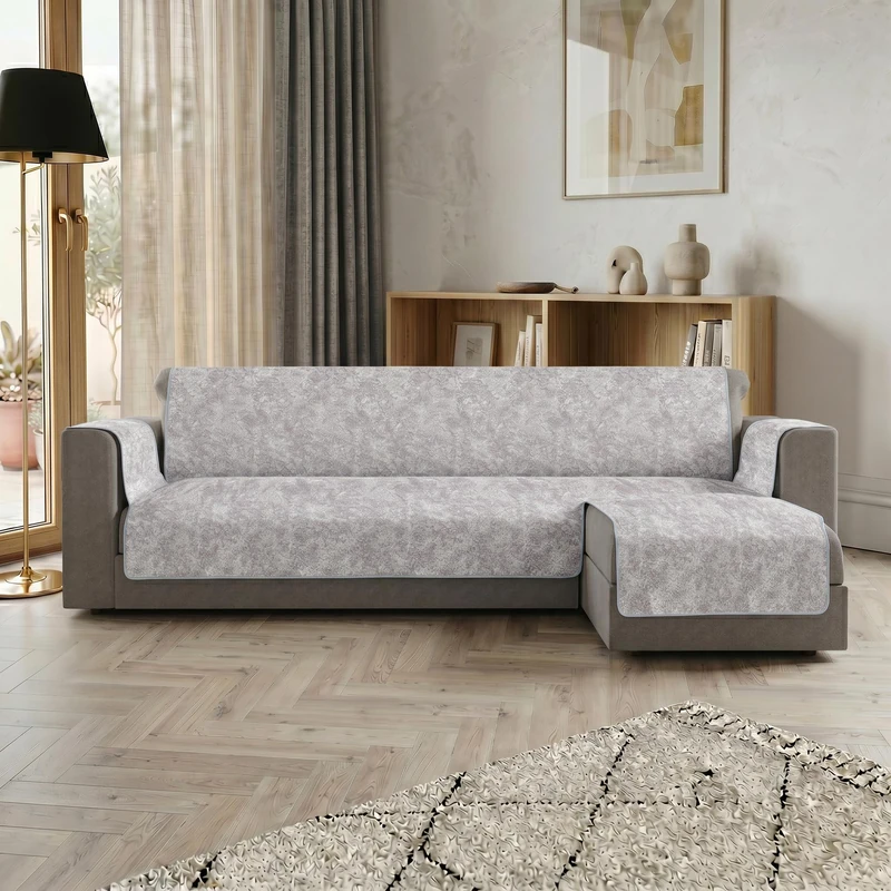 Glamour Right Peninsula Sofa Cover Made in Italy – Sofa Cover with Non-Slip Rubber Bottom and Armrests, Seat 290 cm, Handmade Sofa Protector Washable in Solid Colour – Light Grey - Image 1