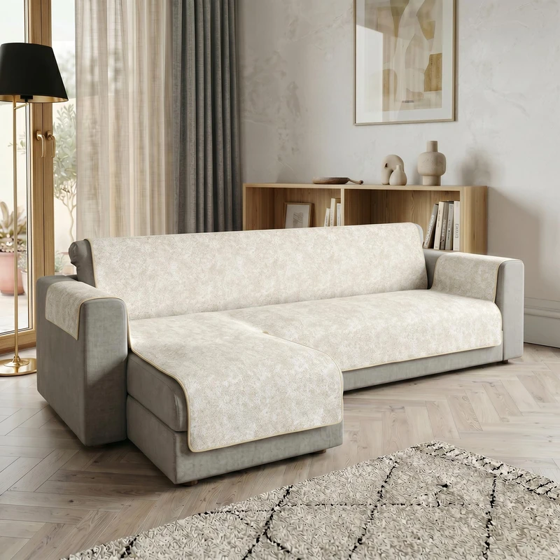 Glamour Left Peninsula Sofa Cover Made in Italy - Sofa Cover with Non-Slip Rubber Bottom and Armrests, Seat 290 cm, Handmade Sofa Protector Washable in Solid Colour - Cream - Image 1